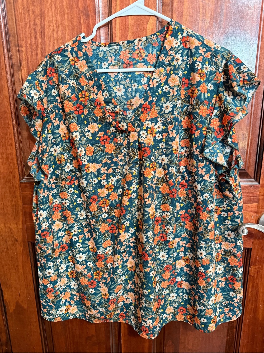 Emery Rose 3XL Teal Floral Ruffle Sleeve Blouse
